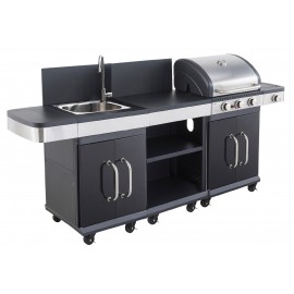 Cuisine d'été Barbecue gaz Fidgi desserte évier 3 brûleurs inox et 1 réchaud latéral Cook'in garden 6 à 12 personnes